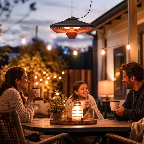 hængende infrarød terrassevarmer med LED-lys og fjernbetjening, 1000/2000 W, sort