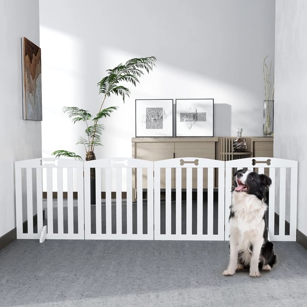 4-delt hundegitter, 207,5x61 cm, foldbart, fritstående, hvidt MDF