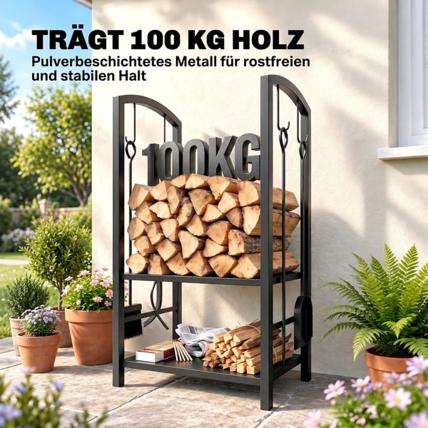 Br`ndestativ m. 4-delt pejsesat, 2 hylder, sort metal, 40x30x74.5cm