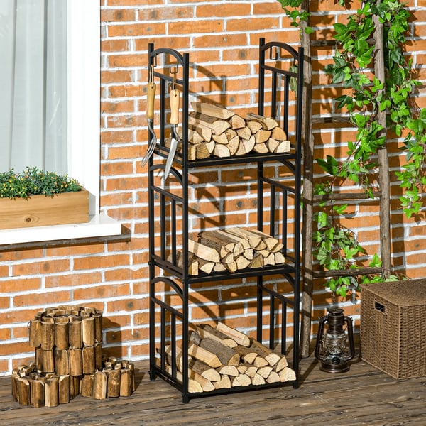 Polttopuuteline sisäkäyttöön 46 x 32 x 126 cm 3 tasoa puuteline 4 koukulla Metalli Musta