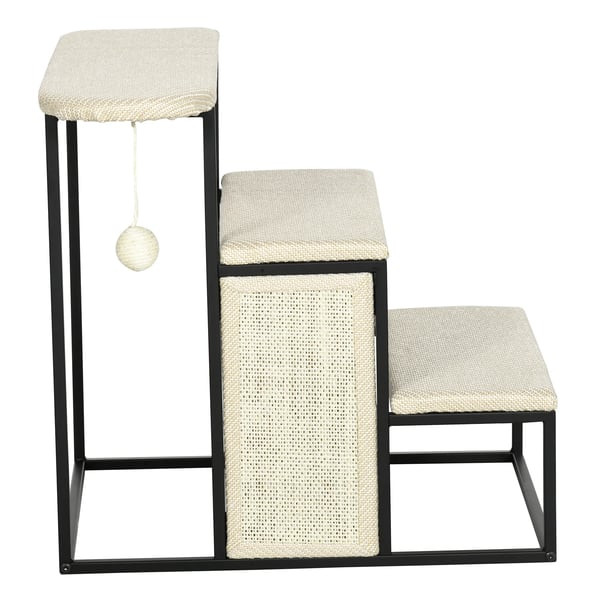 Lemmikkieläinportaat 3-askelmaiset Kiipeilyapu Raapimislaudalla ja Lelupallolla Teräs/Sisal Kermavalkea+Musta 51x54x53cm