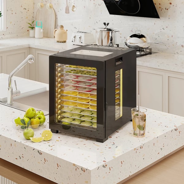 kuivuri, 850 W, 40-70°C lämpötilansäädin, 48 tunnin ajastin, 12 ruostumattomasta teräksestä valmistettua lokeroa, musta