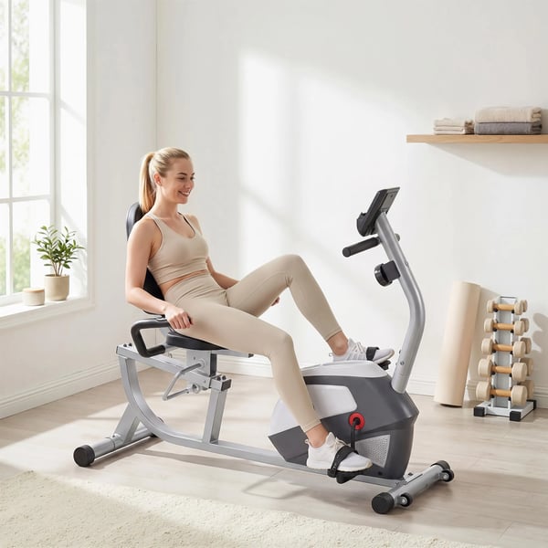Liggande Träningscykel, Magnetisk Motionscykel med LCD-skärm, Grå/Silver Metall