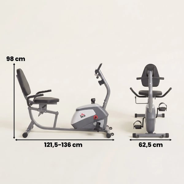 Liggande Träningscykel, Magnetisk Motionscykel med LCD-skärm, Grå/Silver Metall