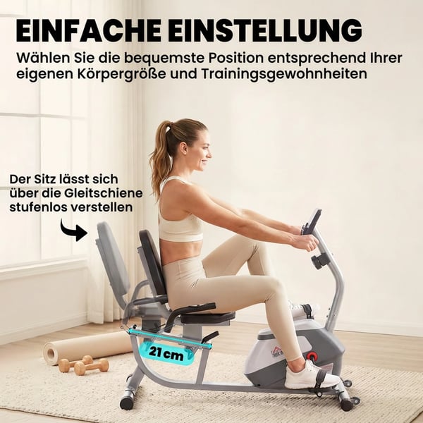 Liggande Träningscykel, Magnetisk Motionscykel med LCD-skärm, Grå/Silver Metall