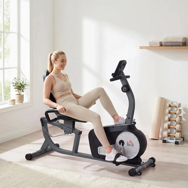 Liggecykel Træningscykel med LCD, 8-trins justerbar magnetisk modstand, stål & ABS, grå/sort/sølv