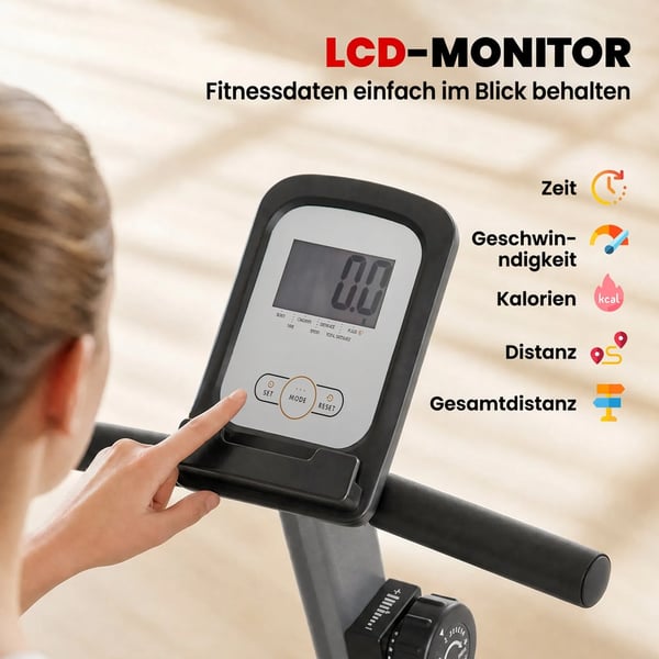 Liggecykel Træningscykel med LCD, 8-trins justerbar magnetisk modstand, stål & ABS, grå/sort/sølv