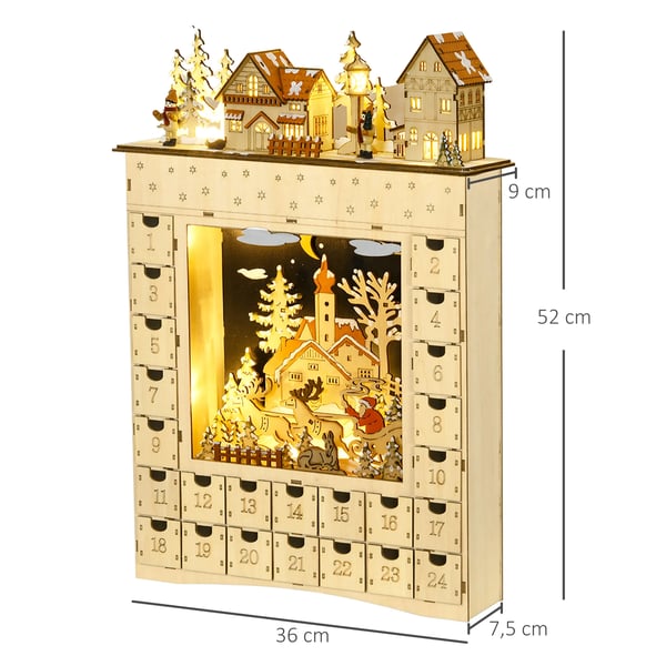 Adventskalender til selv at fylde, 24 skuffer og rum, Julekalender med LED-lys, Naturtræ 36 x 9 x 52 cm