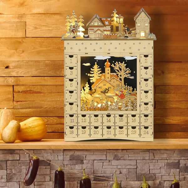Adventskalender til selv at fylde, 24 skuffer og rum, Julekalender med LED-lys, Naturtræ 36 x 9 x 52 cm