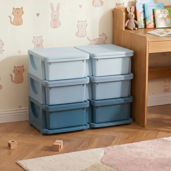 Barnförvaringslåda med lock, leksaksskåp för barn, 6 lådor, blå, PP-plast, 37x27.5x56.5 cm