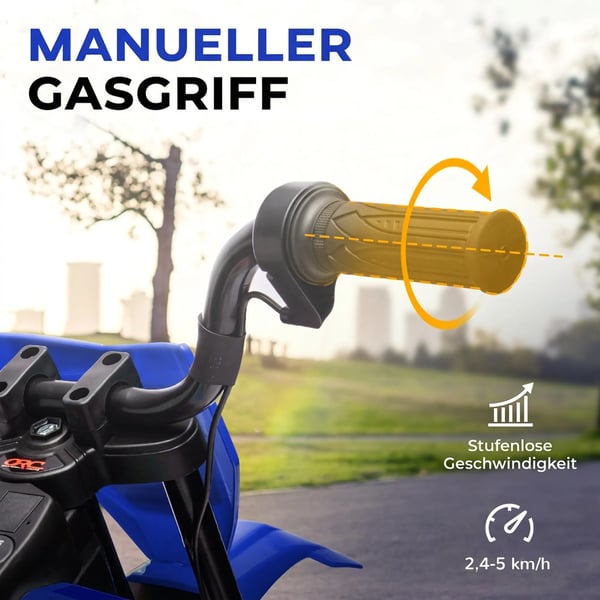 Elmotorcykel för barn, 12V, blå - med musik och stödhjul, 2,4-5 km/h, max 30kg, 3-6 år