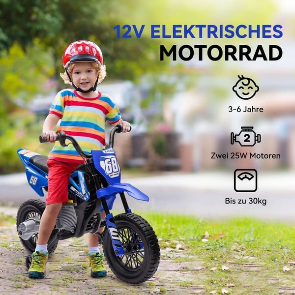 Elmotorcykel för barn, 12V, blå - med musik och stödhjul, 2,4-5 km/h, max 30kg, 3-6 år