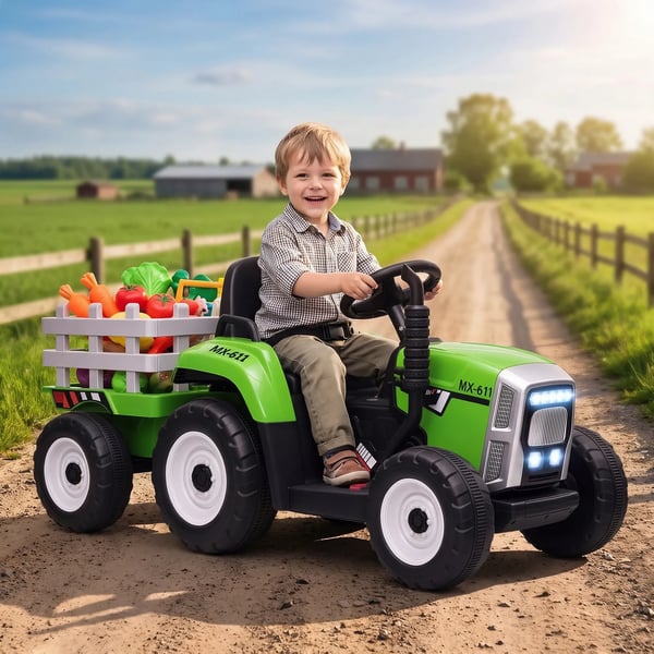 El-traktor 12V med Släpvagn, Grön Elbil för Barn med MP3, Strålkastare, 3-6 År