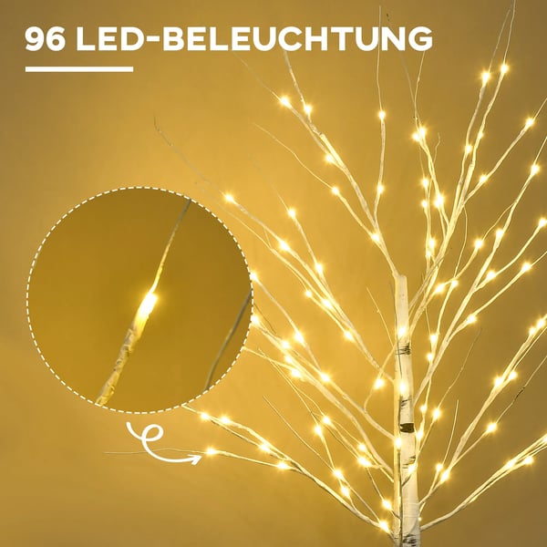 Kunstigt birketræ med 96 LED-pærer, 150 cm, hvid,