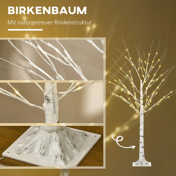 Kunstigt birketræ med 96 LED-pærer, 150 cm, hvid,