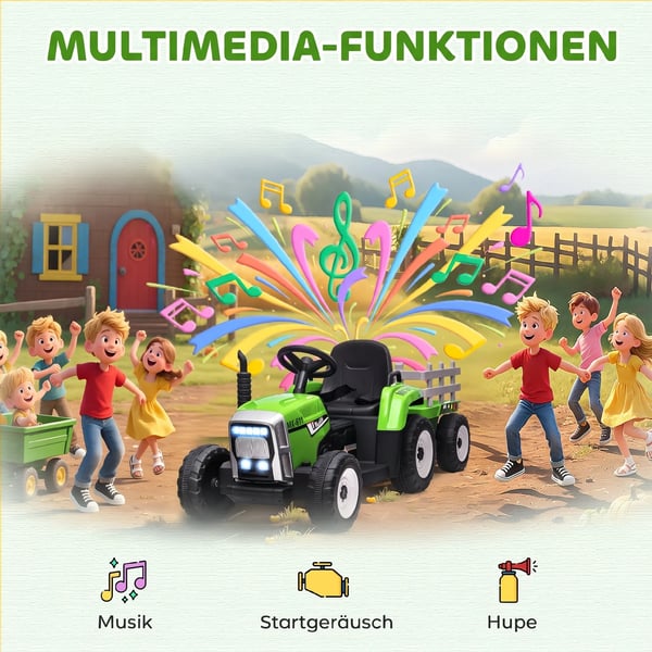 lasten sähkötraktori perävaunulla, vihreä, 12V