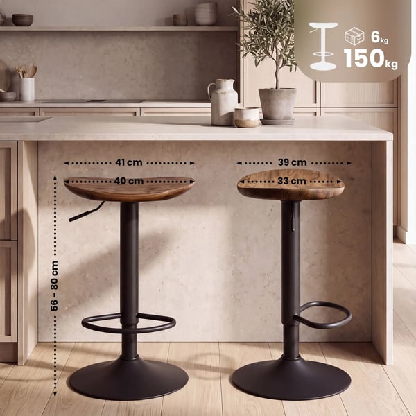 Set med 4 Skelde Barstolar i Valnötsträ med Matt Svart Metallram (Justerbar Höjd, 360° Svängbar) - 56-80cm H x 41cm B