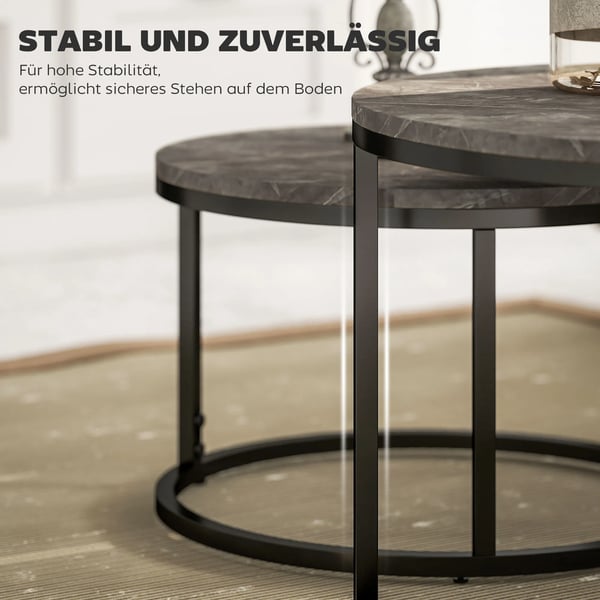 Sæt med 2 runde sofaborde, stabelbare sideborde med metalramme, stuebord i marmorlook, kaffebord, grå