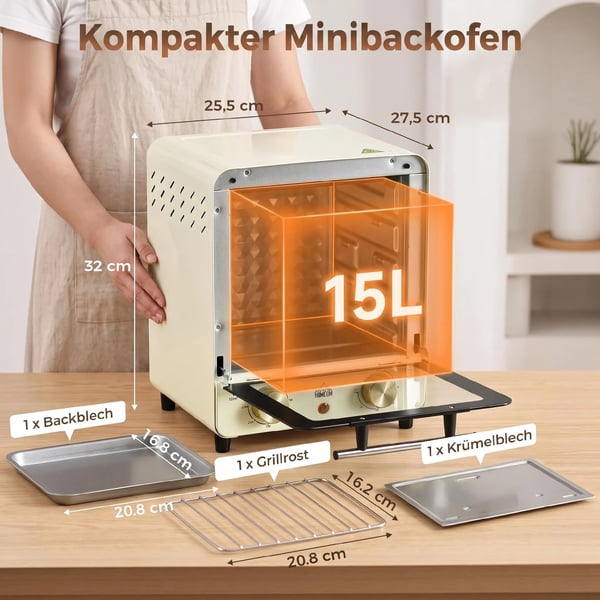 Miniovn 15L med Varmluft (1000W) - Cremefarvet, 60-230°C, inkl. tilbehør