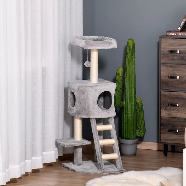 PawHut Kradsetre Flerlags med Kattehule, Stige og Bold - Lysegre, Sisal, 60x48x122cm