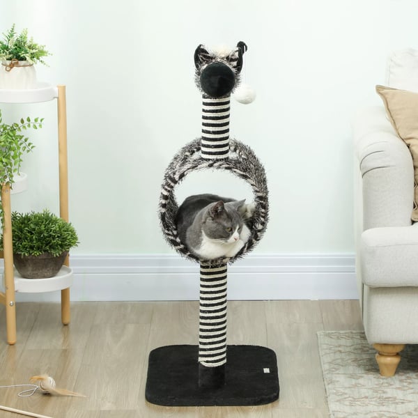 PawHut Kradsete Kattetre Zebra-design Klatretunnel Jutepele Sort+Hvid 93cm