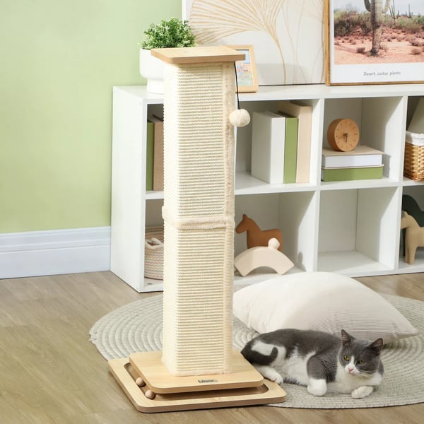 PawHut 3-i-1 Kradsetræ 87cm Eg MDF med Sisal og Legetøjsbold til Katte