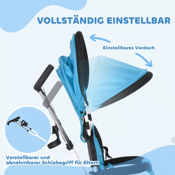 6-in-1 lasten kolmipyörä, työntökahva, aurinkokatos, 5-piste valjaat, kori, juomateline, sininen, metalli/muovi, 1-5v