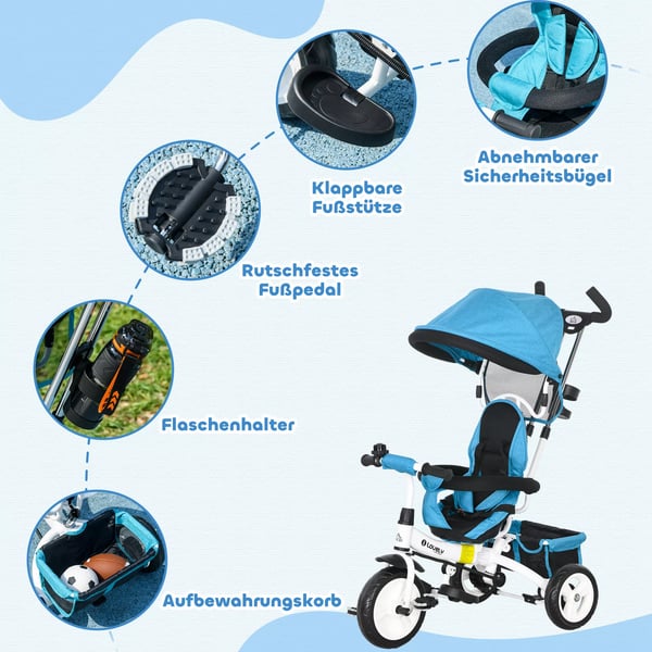 6-in-1 lasten kolmipyörä, työntökahva, aurinkokatos, 5-piste valjaat, kori, juomateline, sininen, metalli/muovi, 1-5v