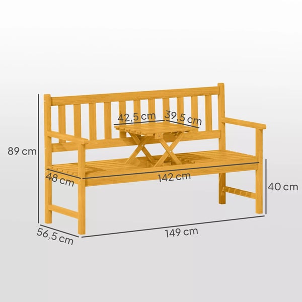 Outsunny Havebænk i Akacietræ med Klapbord - Teak - 149x56,5x89cm