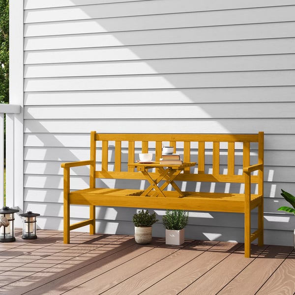Outsunny Havebænk i Akacietræ med Klapbord - Teak - 149x56,5x89cm