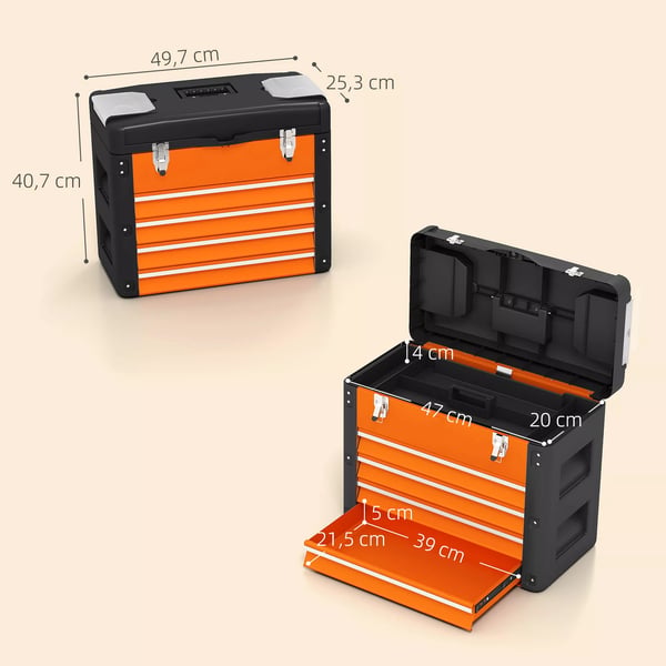 HOMCOM Værktøjskasse - Orange Kunststoff med 4 Skuffer og Opbevaring, 49,7x25,3x40,7 cm