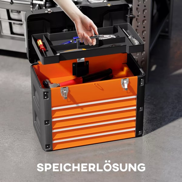 HOMCOM Værktøjskasse - Orange Kunststoff med 4 Skuffer og Opbevaring, 49,7x25,3x40,7 cm