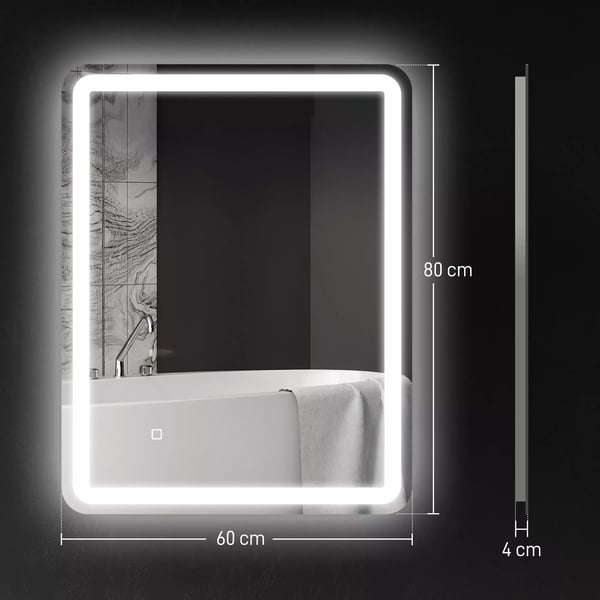 -kylpyhuonepeili, 60 x 80 cm LED-peili kosketuskytkimellä, muistitoiminnolla, huurtumaton seinäpeili, valopeili 3 valovärillä, hopea