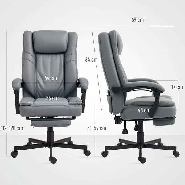 Ergonomisk Kontorstol med Massage, Justerbar Ryglæn, Fodstøtte, Pustende Mikrofiber, Grå