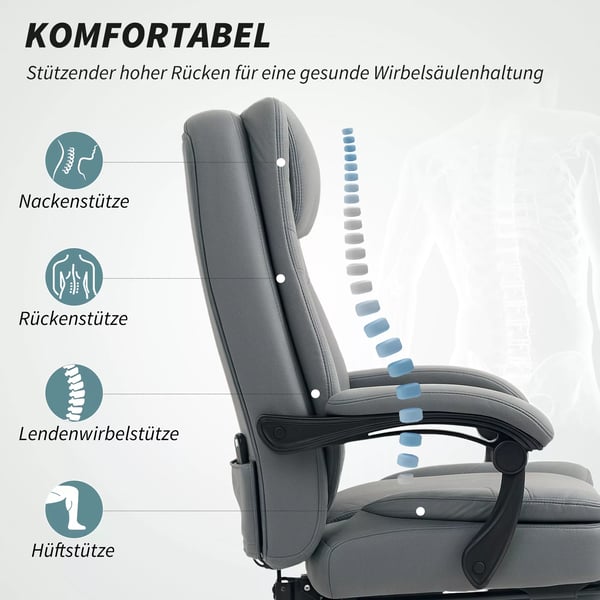 Ergonomisk Kontorstol med Massage, Justerbar Ryglæn, Fodstøtte, Pustende Mikrofiber, Grå