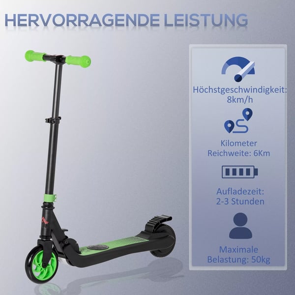 lasten sähköpotkulauta, 120W, jopa 8 km/h, 6 km kantama, taitettava, vahvistettu nylon, vihreä/musta