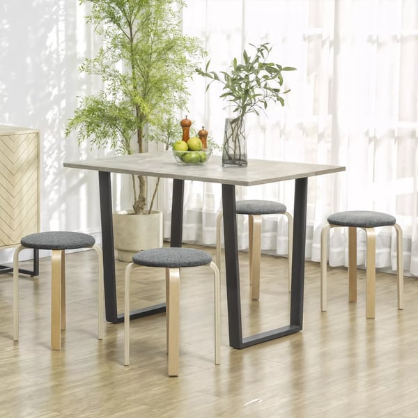 HOMCOM Sæt med 4 stabelbare taburetter, Runde spisestuestole med linnedlook, polstrede køkkenstole, grå, træ-look