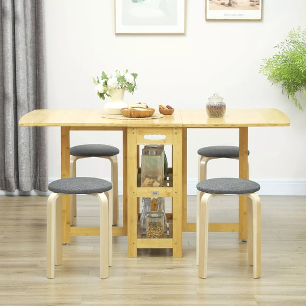 HOMCOM Sæt med 4 stabelbare taburetter, Runde spisestuestole med linnedlook, polstrede køkkenstole, grå, træ-look