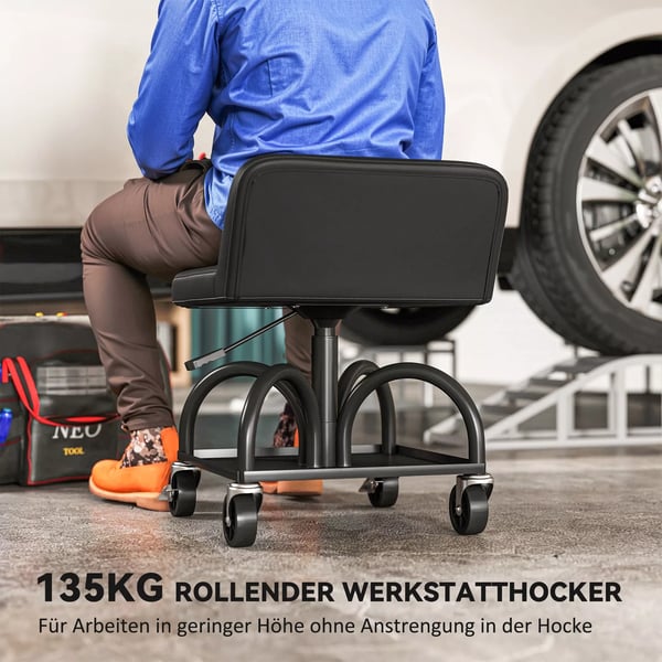 HOMCOM Værkstedsstol i Sort Stål - Ergonomisk med Hjul og Opbevaring