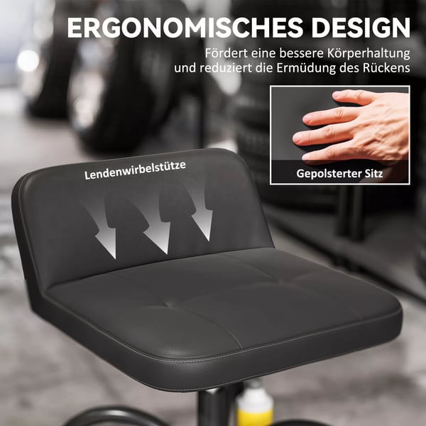 HOMCOM Værkstedsstol i Sort Stål - Ergonomisk med Hjul og Opbevaring