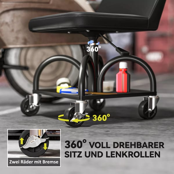 HOMCOM Værkstedsstol i Sort Stål - Ergonomisk med Hjul og Opbevaring