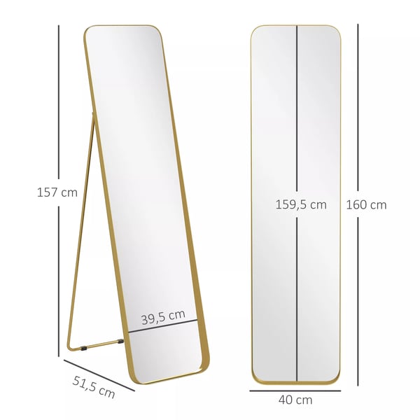 HOMCOM Helkropsspejl 160x40 cm, fritstående/vægspejl, metalramme, brudsikkert glas, guld