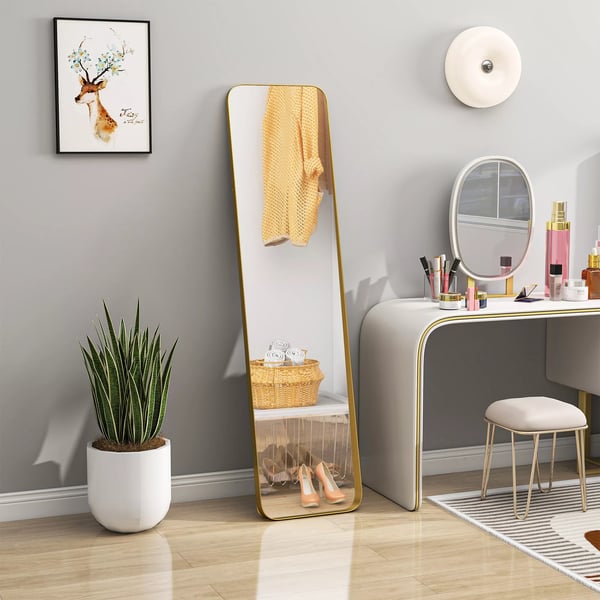 HOMCOM Helkropsspejl 160x40 cm, fritstående/vægspejl, metalramme, brudsikkert glas, guld