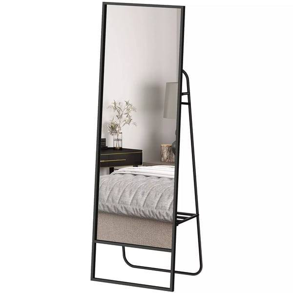 HOMCOM Helkroppsspegel 157x50 cm med hylla och krokar, svart glas