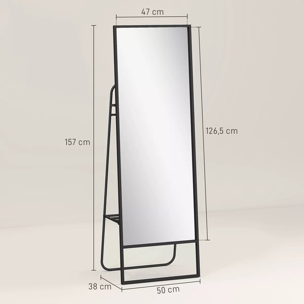 HOMCOM Helkropsspejl - 157x50 cm, Sort Metalramme med Hylde og Kroge, Splintsikkert Glas