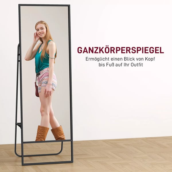 HOMCOM Helkropsspejl - 157x50 cm, Sort Metalramme med Hylde og Kroge, Splintsikkert Glas