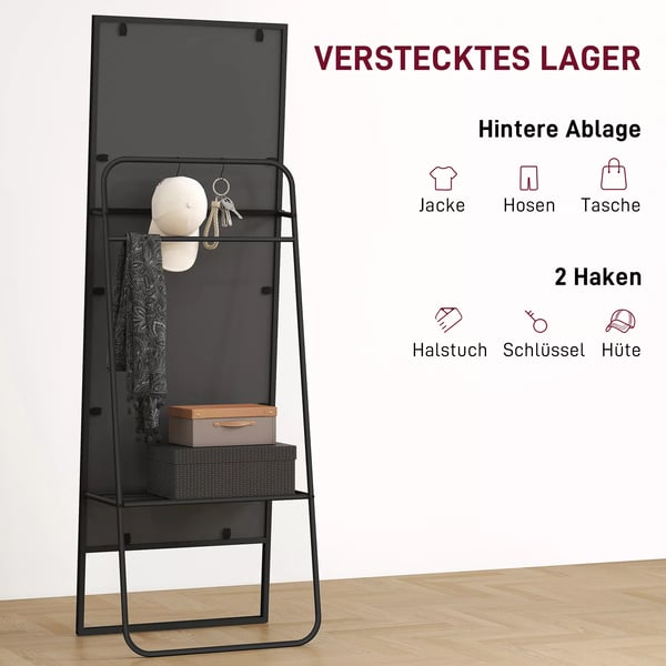 HOMCOM Helkropsspejl - 157x50 cm, Sort Metalramme med Hylde og Kroge, Splintsikkert Glas