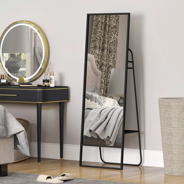 HOMCOM Helkropsspejl - 157x50 cm, Sort Metalramme med Hylde og Kroge, Splintsikkert Glas
