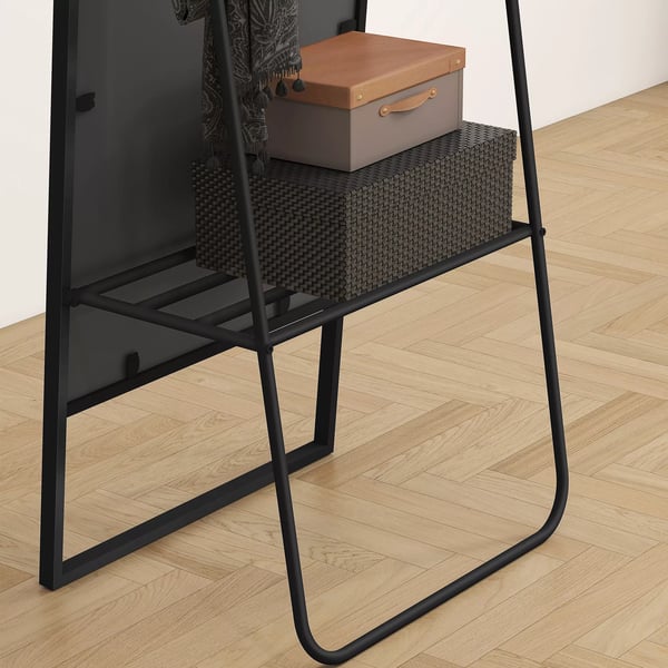 HOMCOM Helkropsspejl - 157x50 cm, Sort Metalramme med Hylde og Kroge, Splintsikkert Glas