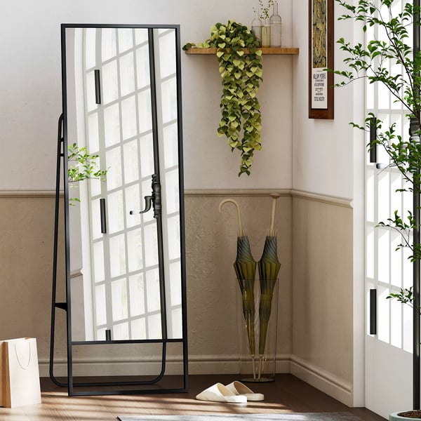HOMCOM Helkropsspejl - 157x50 cm, Sort Metalramme med Hylde og Kroge, Splintsikkert Glas